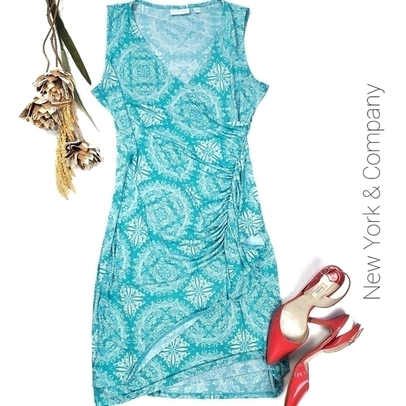 NY & Co - Teal Faux Wrap Ruffle Body Con Dress Sm - Picture 1 of 13
